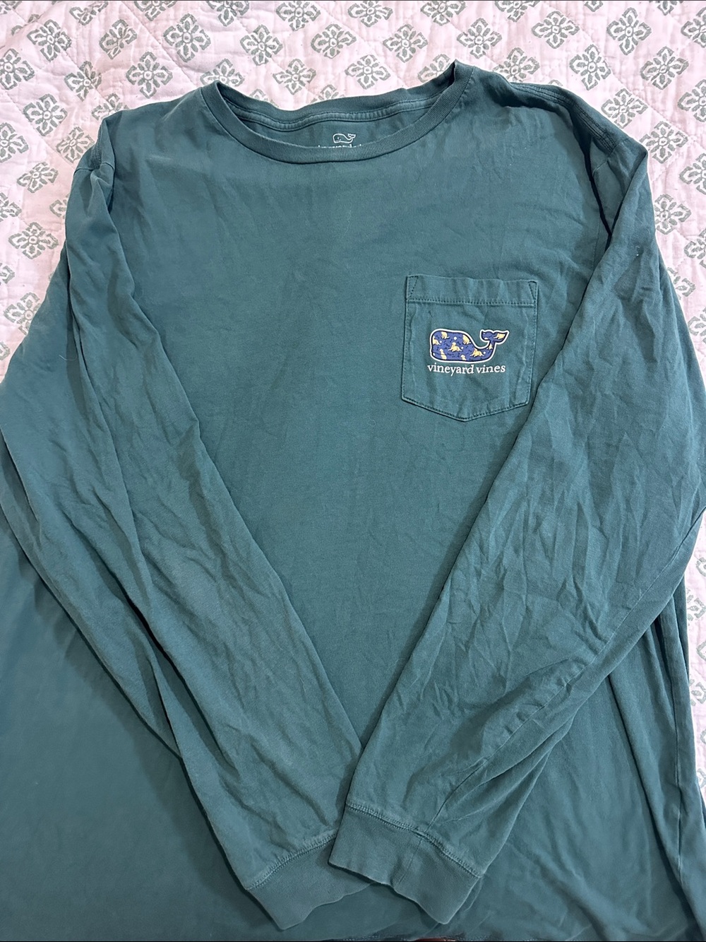 Vineyard Vines Teal Long-Sleeve Pocket Tee with Whale Logo